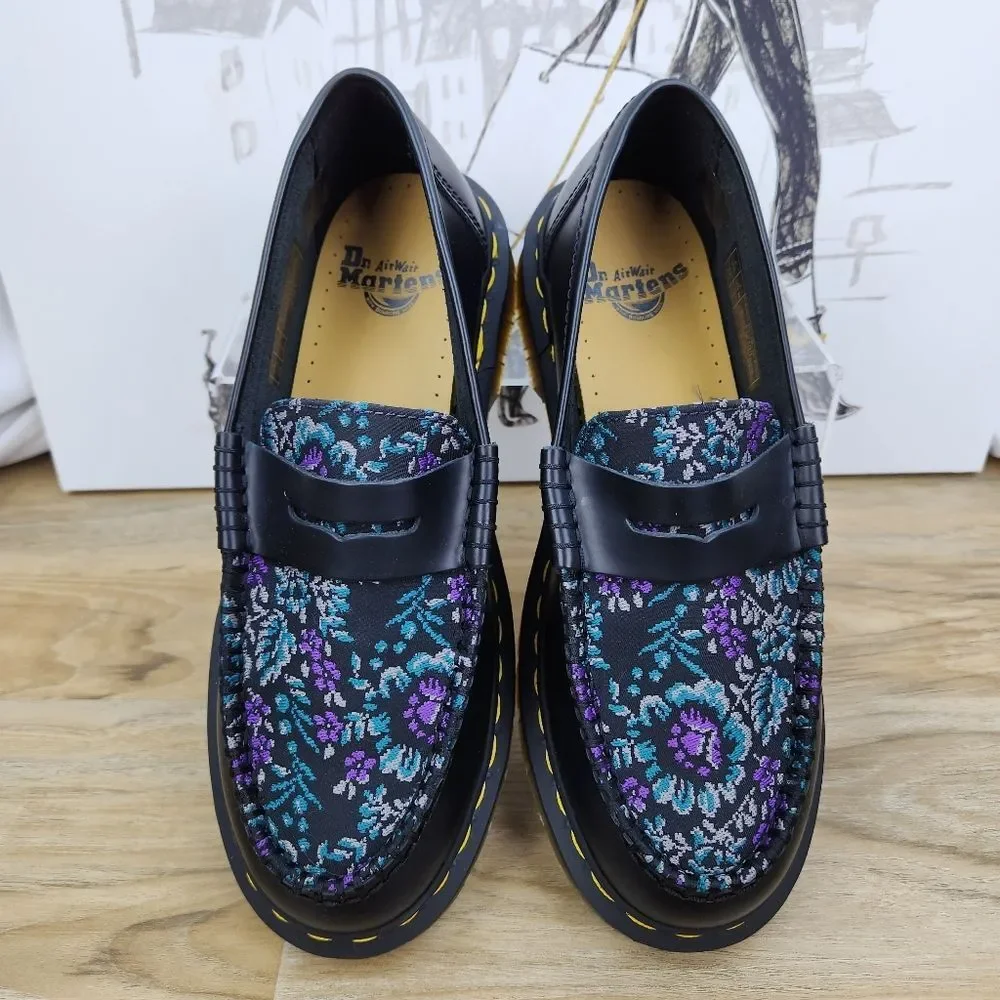 ☔️🩵NIB Dr. Martens Black & Rich Purple Floral Jacquard Penton Loafers Size 8 - Picture 3 of 15